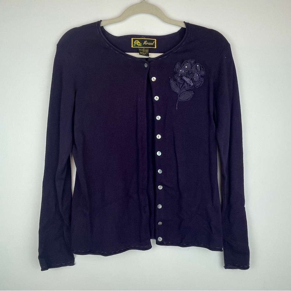 Mirasol Women’s Small Purple Cardigan Sweater Beaded Floral Accent Long Sleeve